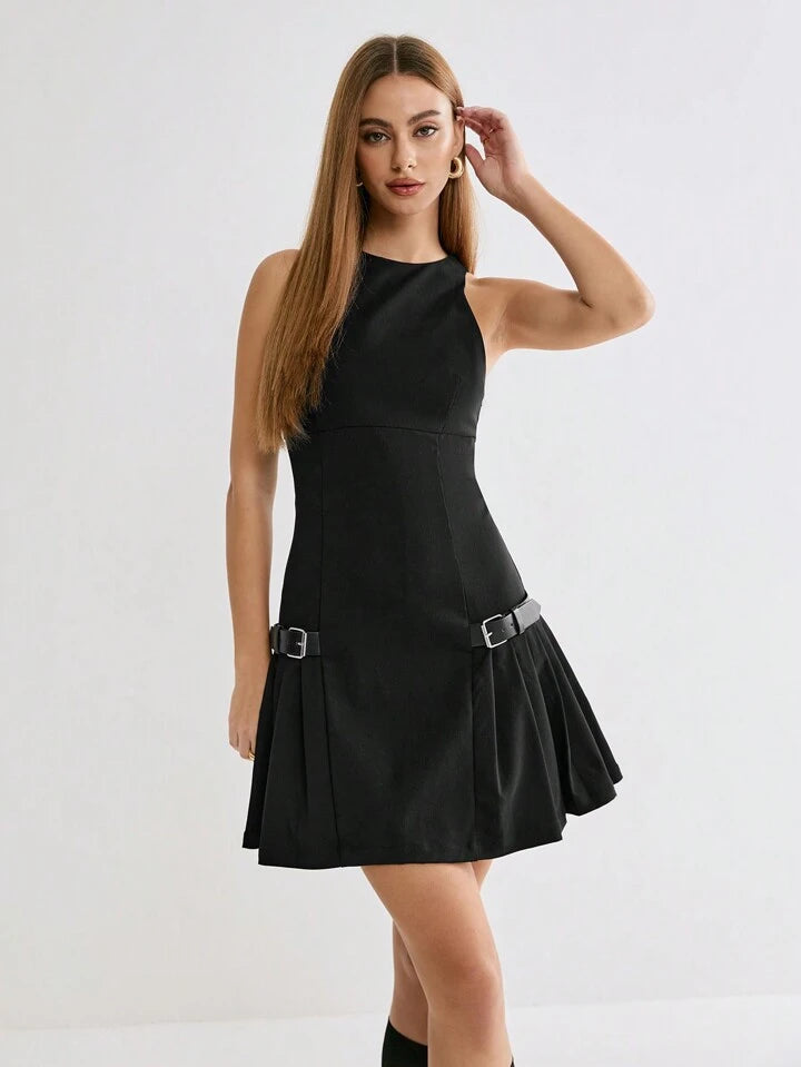CM-DS443316 Women Casual Seoul Style Round Neck Sleeveless Belt Decor Pleated Hem Mini Dress - Black