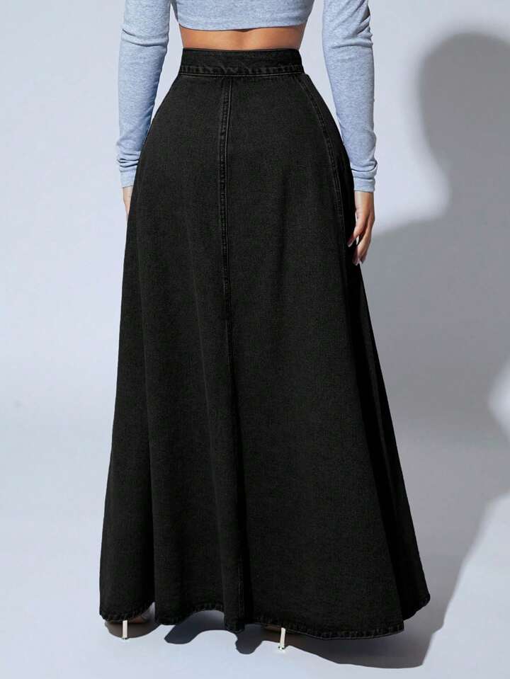CM-BS790210 Women Casual Seoul Style High Waist Button Front Extra Long Denim Skirt - Black