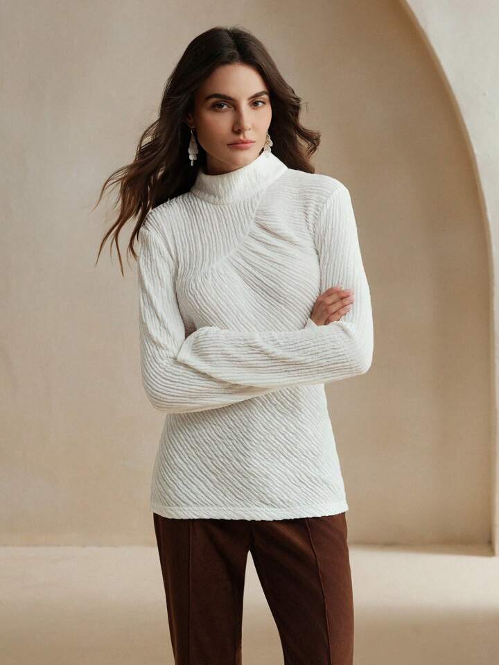 CM-TS766636 Women Elegant Seoul Style Solid Color Turtleneck Long Sleeve Rib-Knit Top - White