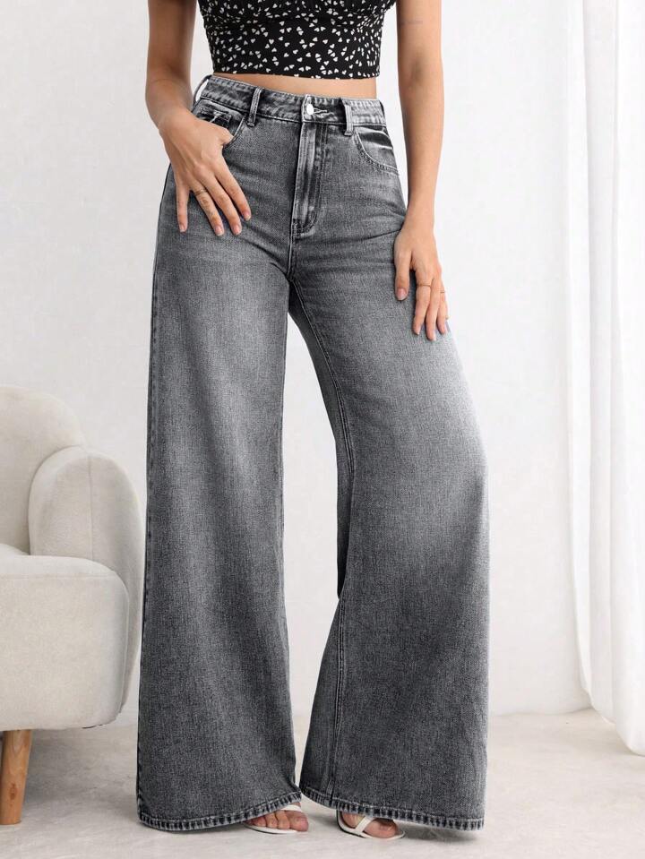 CM-BS603335 Women Elegant Seoul Style Button Front Pocket Loose Wide Leg Jeans - Gray