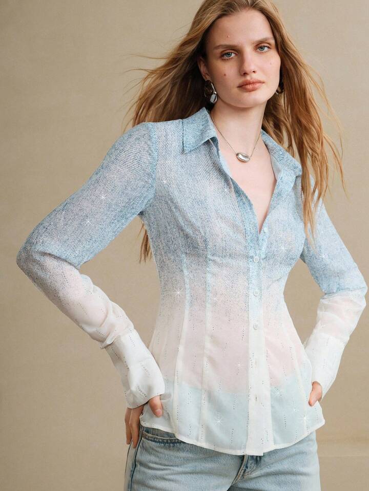 CM-TS152668 Women Elegant Seoul Style Gradient Rhinestone Stand-Up Collar Long Sleeve Blouse - Blue