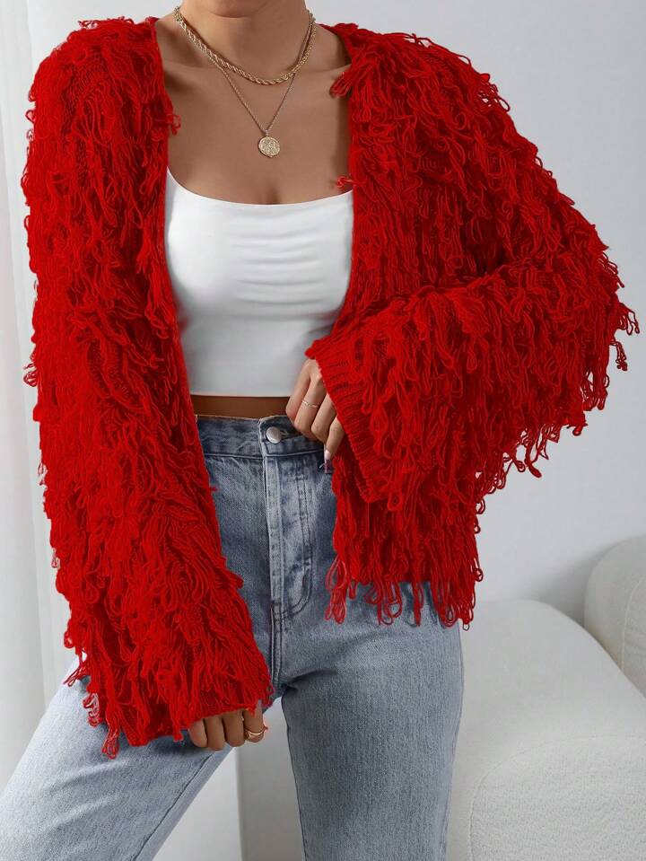 CM-CS196292 Women Casual Seoul Style Long Sleeve Shaggy Knit Duster Cardigan - Red