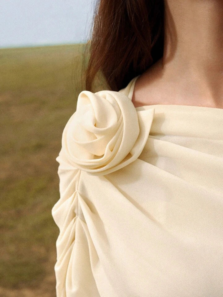 CM-TS340400 Women Elegant Seoul Style 3D Floral Open Shoulder Pleated Chiffon Shirt - Apricot