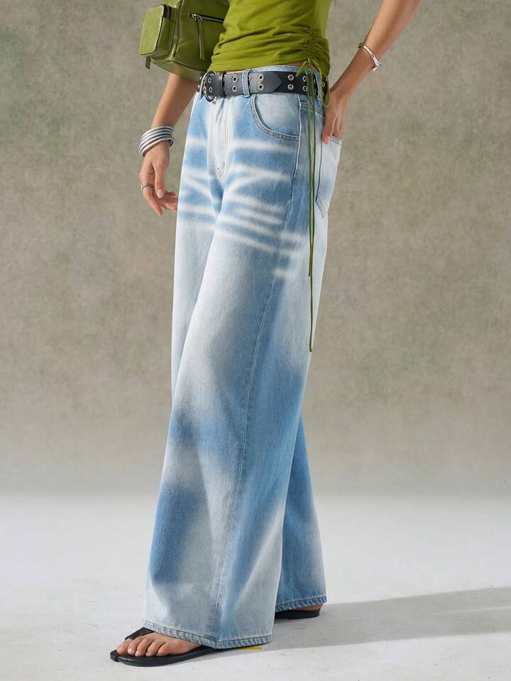 CM-BS636054 Women Casual Seoul Style All-Over Print Washed Distressed Wide-Leg Jeans - Blue