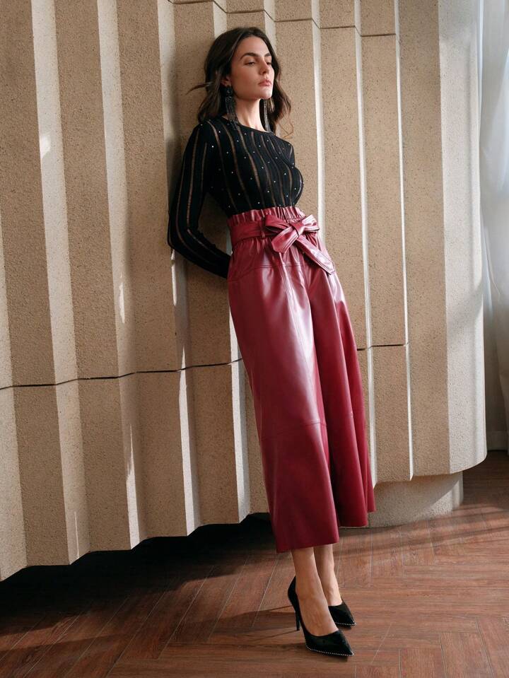 CM-BS309939 Women Elegant Seoul Style High Waist Faux Leather Wide Leg Pants - Red