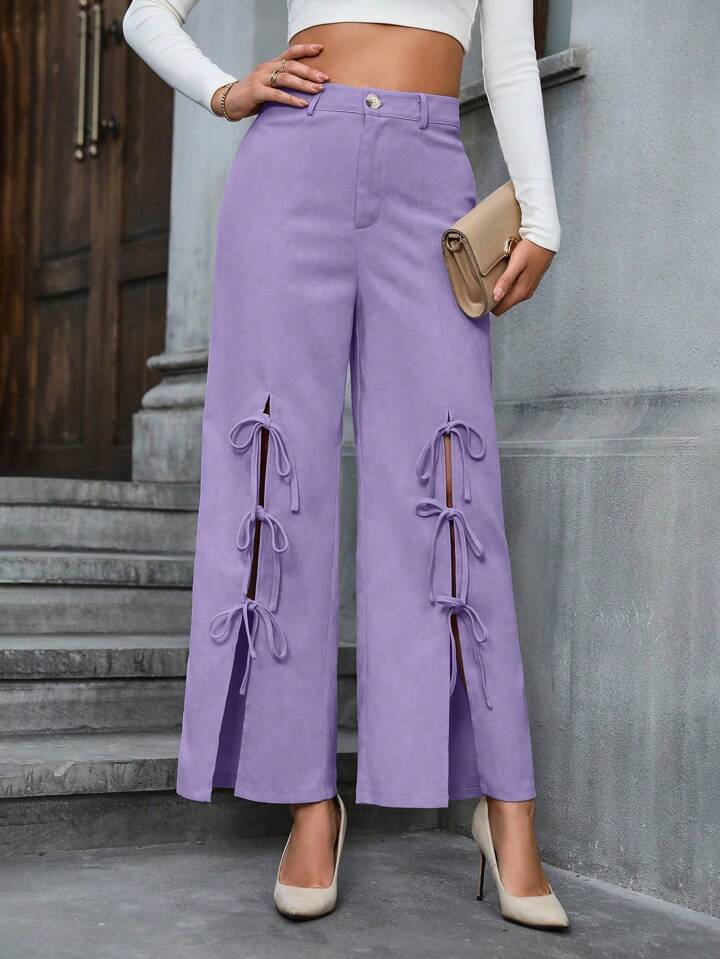 CM-BS070501 Women Casual Seoul Style Bowknot Decoration High Slit Wide Leg Pants - Purple