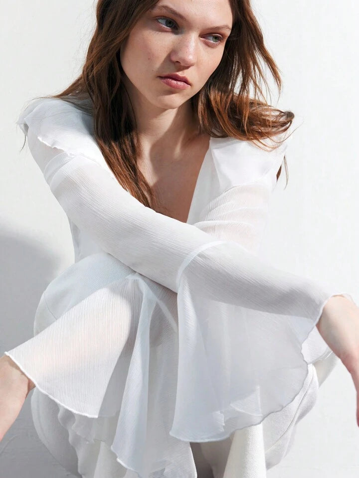CM-TS244649 Women Casual Seoul Style Solid Color Ruffle Trim Flare Sleeve Blouse - White