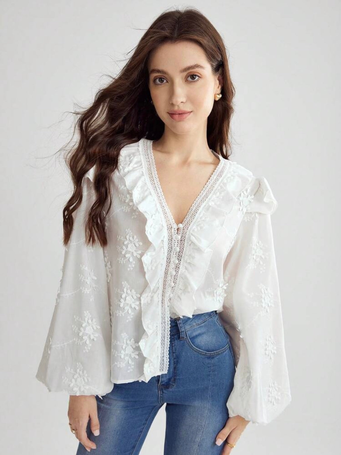 CM-TS756622 Women Elegant Seoul Style Floral Embroidery Lantern Sleeve Ruffled Hem Shirt