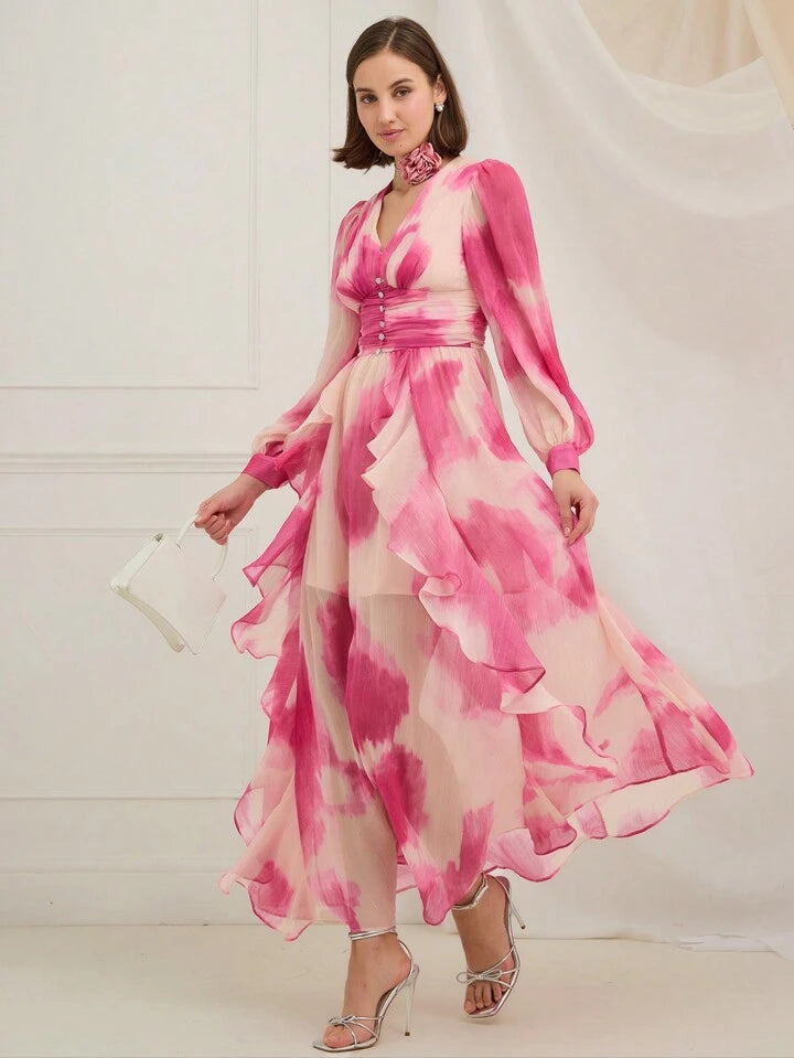 CM-DS202733 Women Elegant Seoul Style V-Neck Front Button Long Sleeve Printing Ruffle Hem Dress - Pink