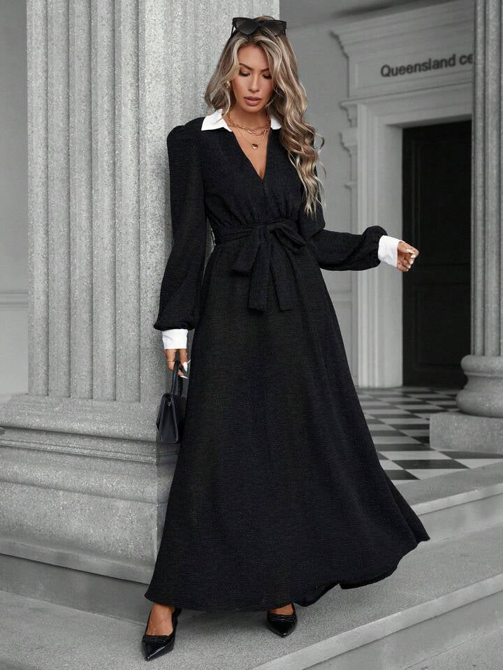 CM-DS489444 Women Elegant Seoul Style Color Block Waist Flattering Long Sleeve Dress
