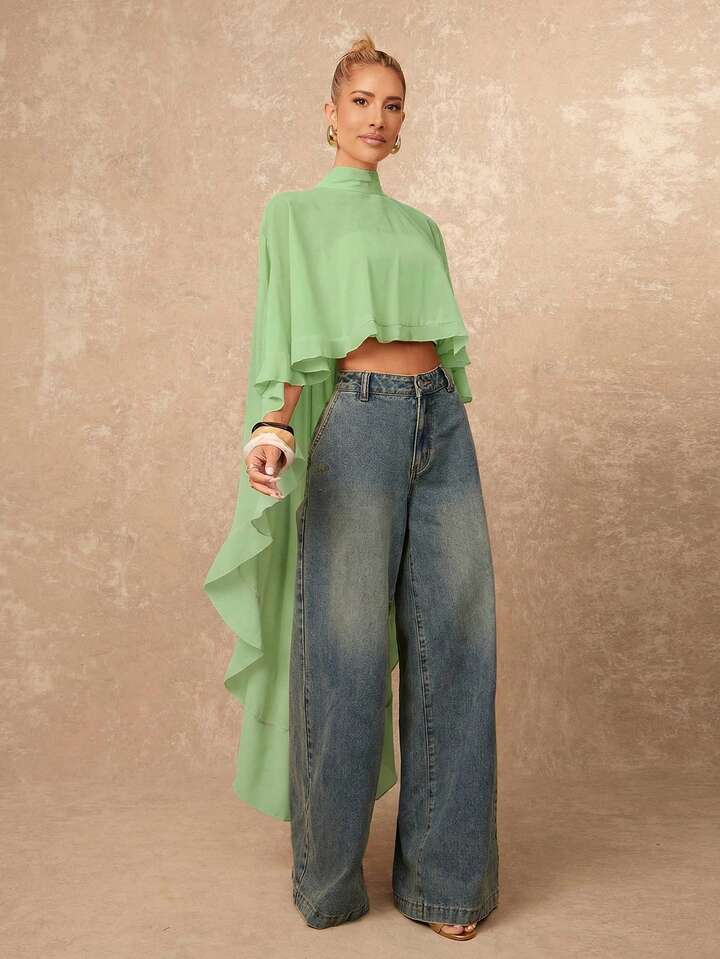 CM-TS255288 Women Casual Seoul Style Asymmetric Ruffle Hem Loose Collar Shawl Blouse - Green