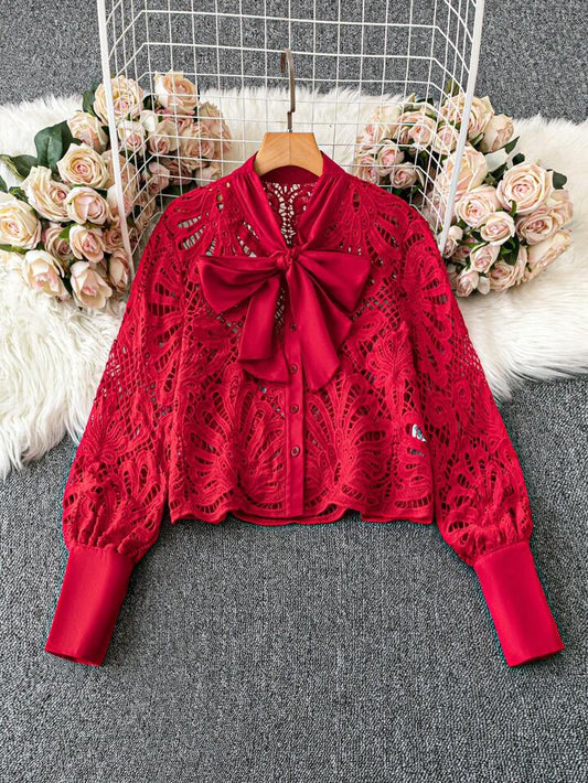CM-TS420704 Women Elegant Seoul Style Lace Trim Bow Collar Embroidery Bishop Sleeve Blouse - Red