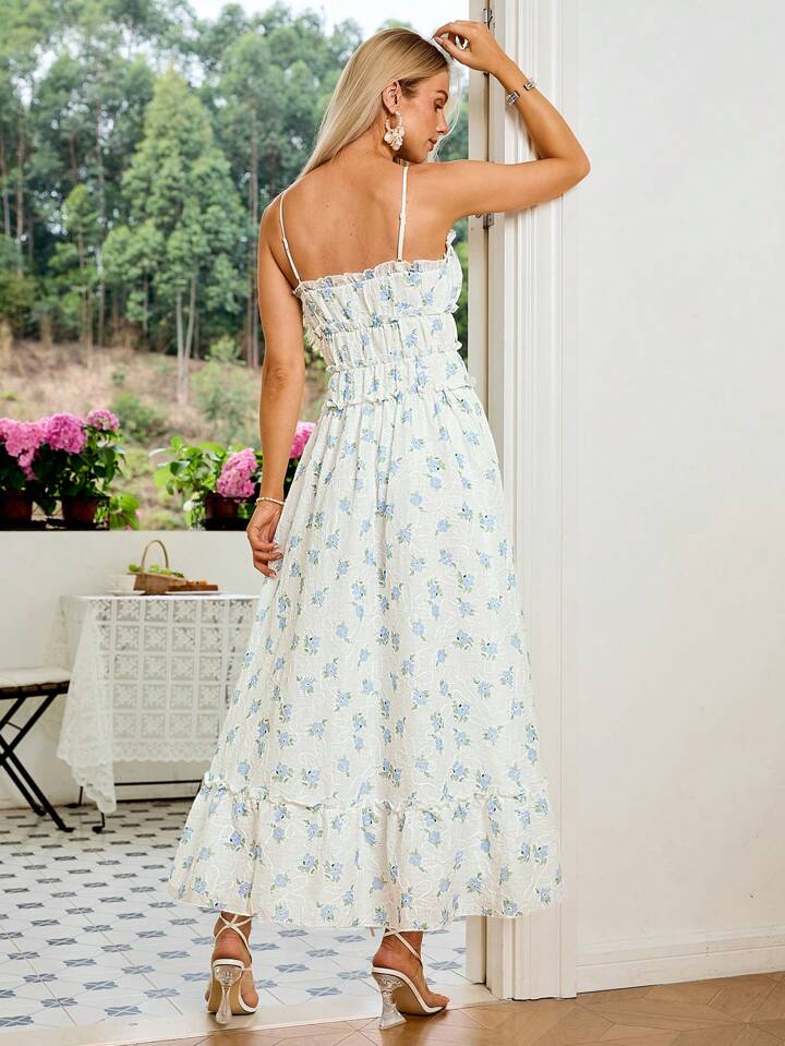 CM-DS263838 Women Casual Seoul Style Floral Print Spaghetti Strap Lace Trim Dress