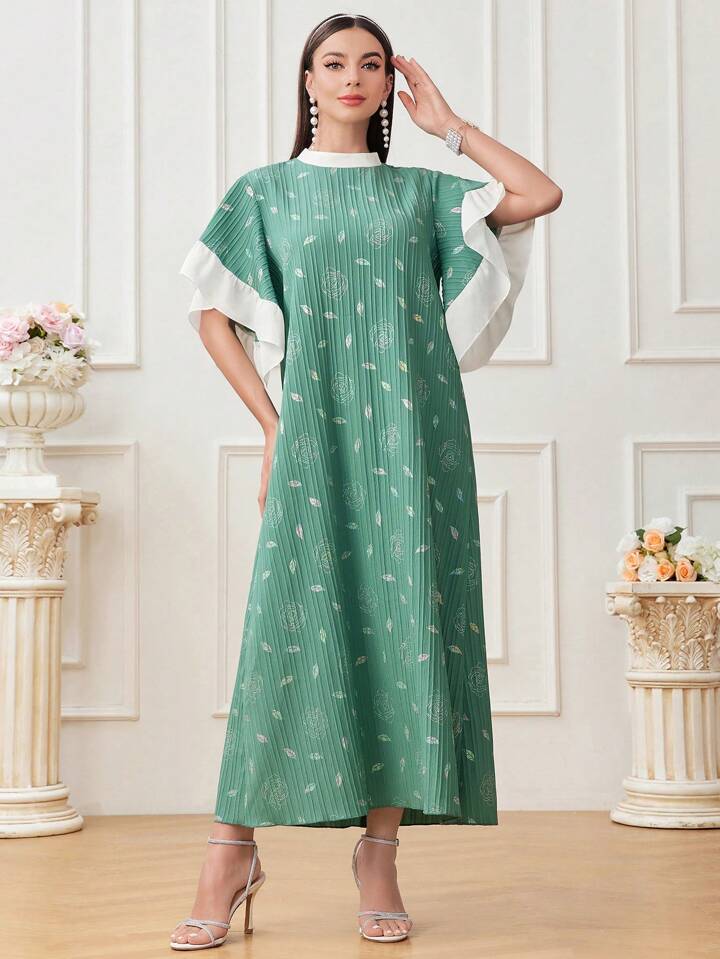 CM-DS800078 Women Casual Seoul Style Floral Leaf Print Patchwork Ruffle Hem Dress - Green