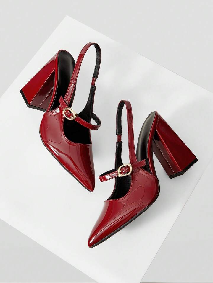 CM-SHS693377 Women Trendy Seoul Style Pointed Toe Buckle Design High Heels - Burgundy