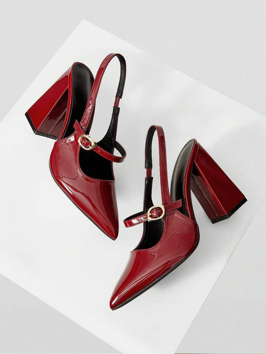 CM-SHS693377 Women Trendy Seoul Style Pointed Toe Buckle Design High Heels - Burgundy