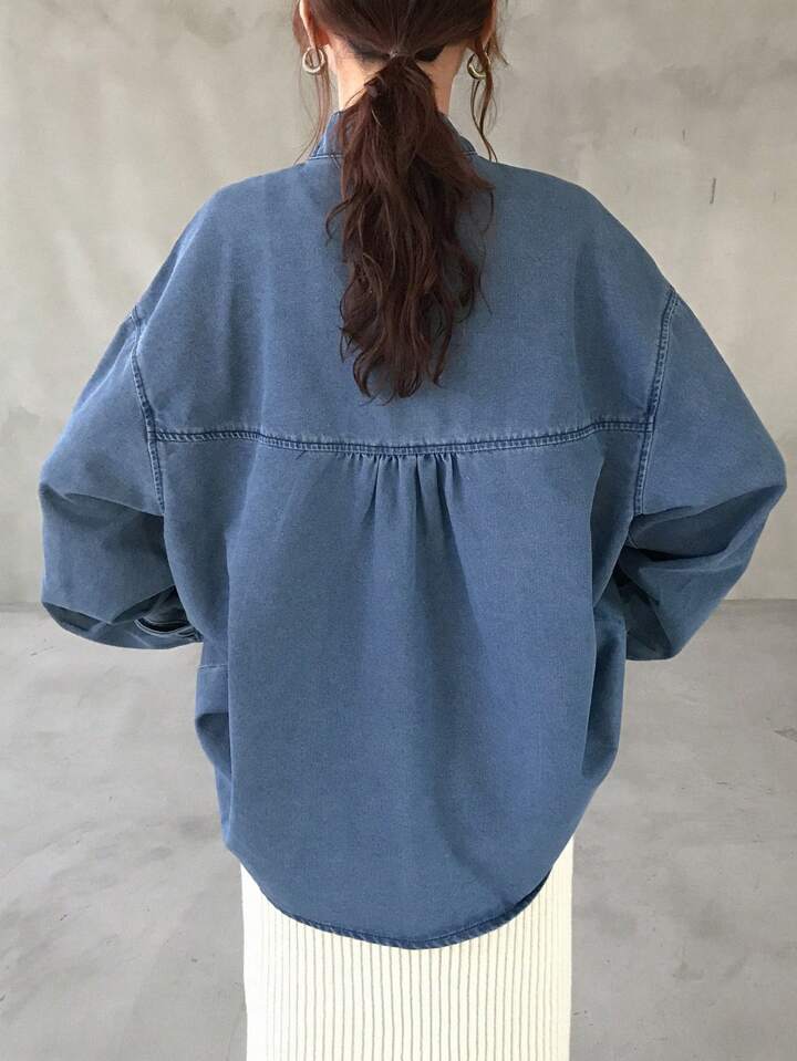 CM-TS359709 Women Casual Seoul Style Loose Stand Collar Tie Front Long Sleeve Denim Blouse - Blue
