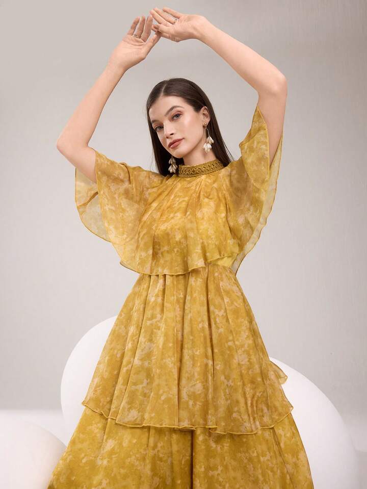 CM-DS651232 Women Elegant Seoul Style Stand Collar Flounce Sleeve Multi-Layered Mid-Length Dress - Yellow