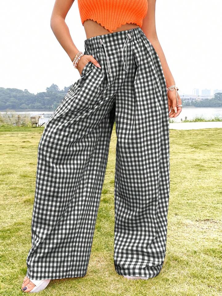 CM-BS557184 Women Casual Seoul Style Gingham Print High Waist Wide-Leg Long Pants - Black