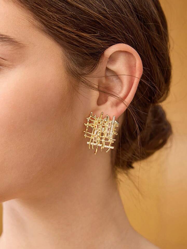 CM-AXS494977 Women Trendy Seoul Style 18K Gold Plated Braided Zirconia Earrings - Yellow Gold