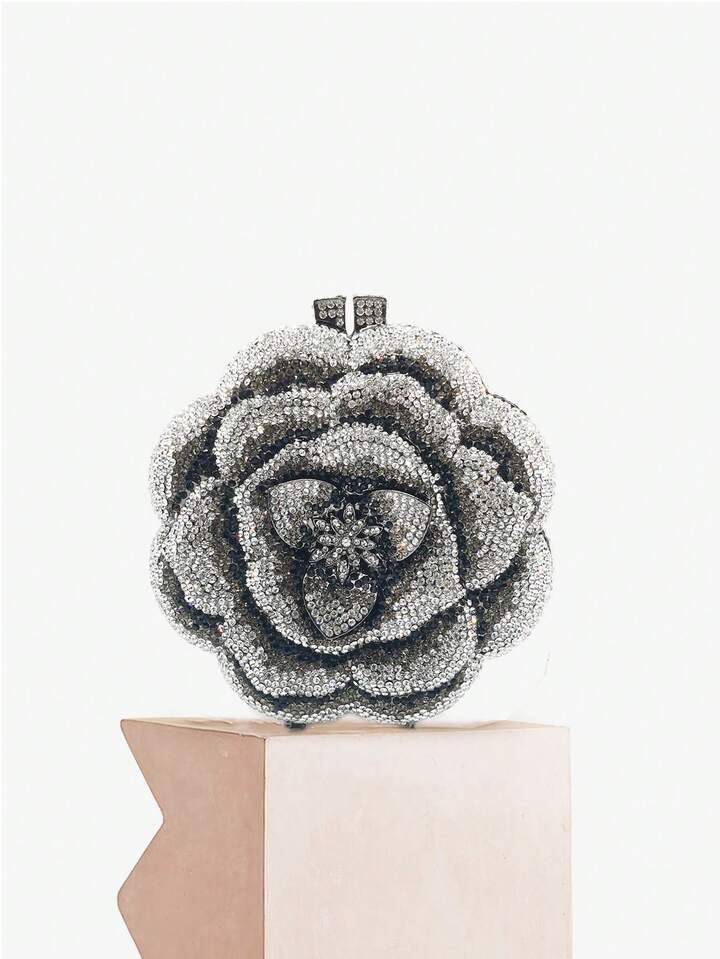 CM-BGS087877 Women Elegant Seoul Style Floral Design Rhinestone Crystal Handmade Clutch Bag - Black