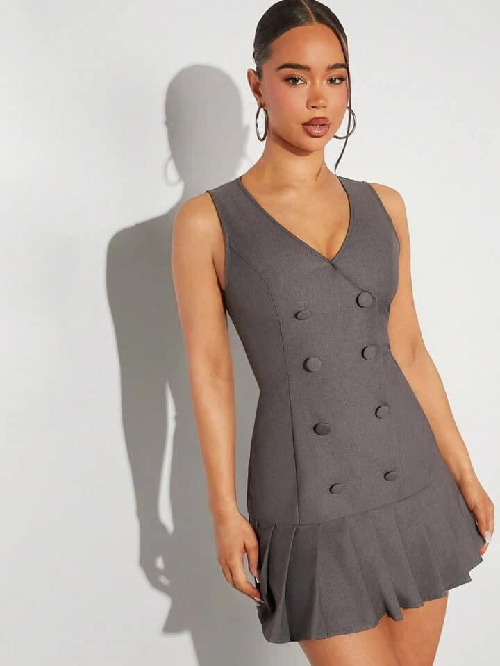 CM-DS971795 Women Elegant Seoul Style Double Breasted Sleeveless Pleated Hem Dress - Dark Gray