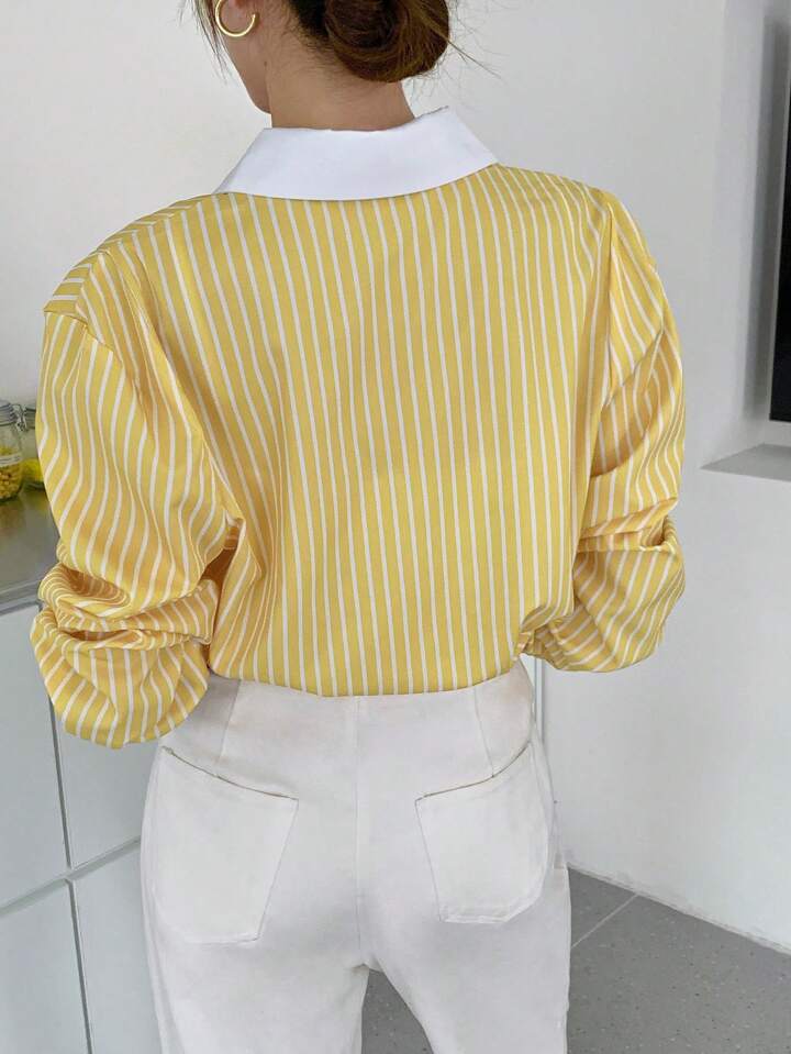 CM-TS674034 Women Casual Seoul Style Striped Button-Up Shirt Collar Long Sleeve Blouse - Yellow