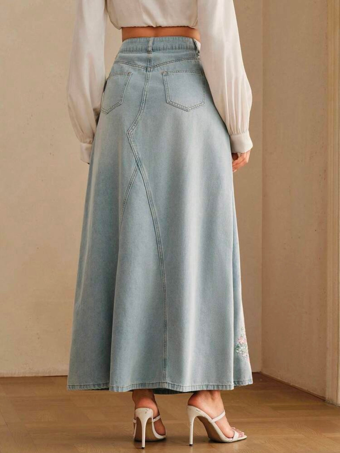 CM-BS230235 Women Casual Seoul Style Mid Waist Embroidery Slimming Design Split A-Line Denim Skirt - Blue