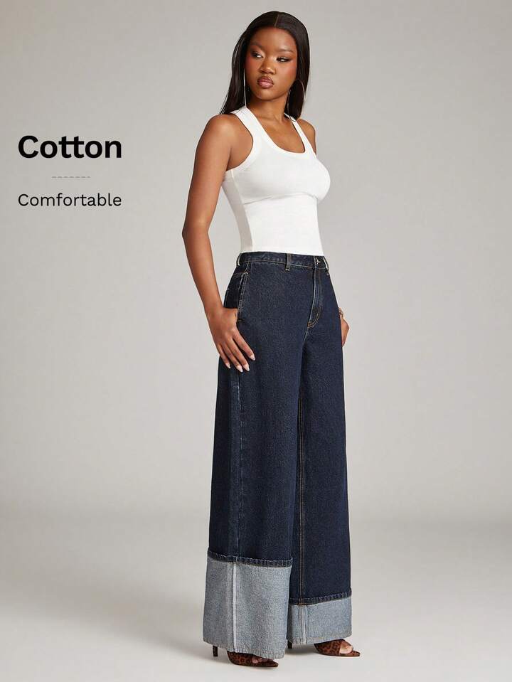 CM-BS844341 Women Casual Seoul Style Mid Rise Dark Wash High Low Asymmetric Cuffed Wide Leg Jeans