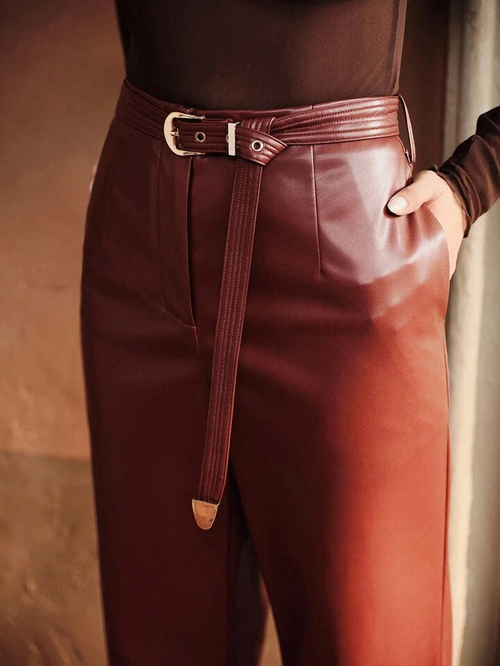 CM-BS720037 Women Elegant Seoul Style High Waist PU Leather Belted Straight Leg Pants - Burgundy