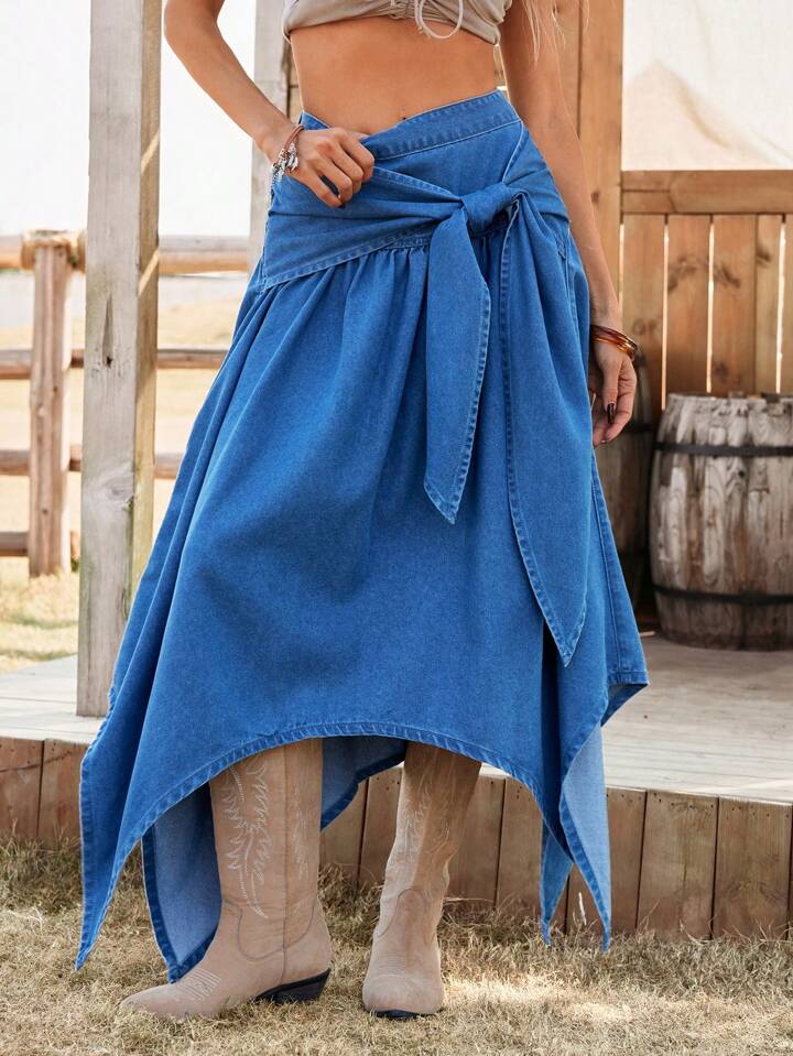 CM-BS174712 Women Trendy Bohemian Style Asymmetrical Tie Waist Long Denim Skirt - Blue