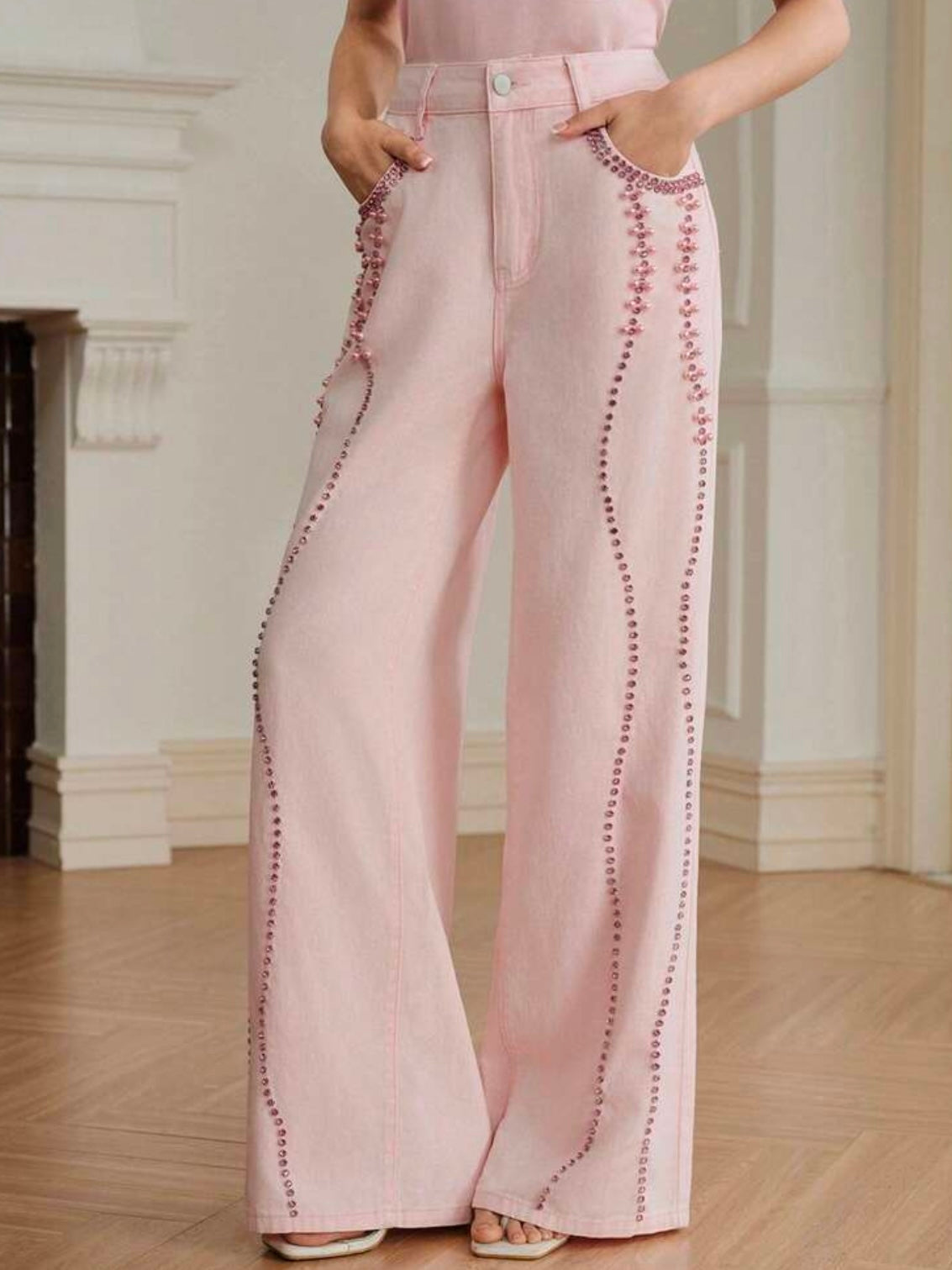 CM-BS535860 Women Elegant Seoul Style Mid Waist Beaded Rhinestone Straight Leg Jeans - Pink