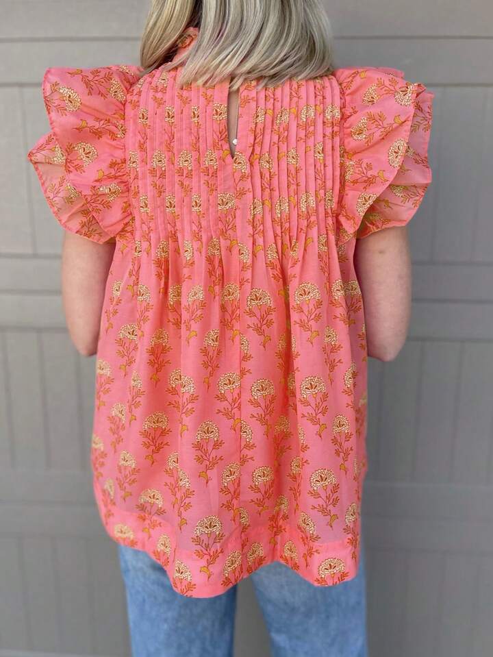 CM-TS895871 Women Trendy Bohemian Style Floral Print Fly Sleeves Ruffled High Neck Blouse - Orange