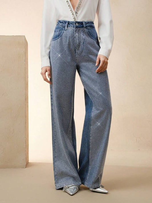 CM-BS434254 Women Elegant Seoul Style Mid Waist Rhinestone Embellished Straight-Leg Jeans - Blue