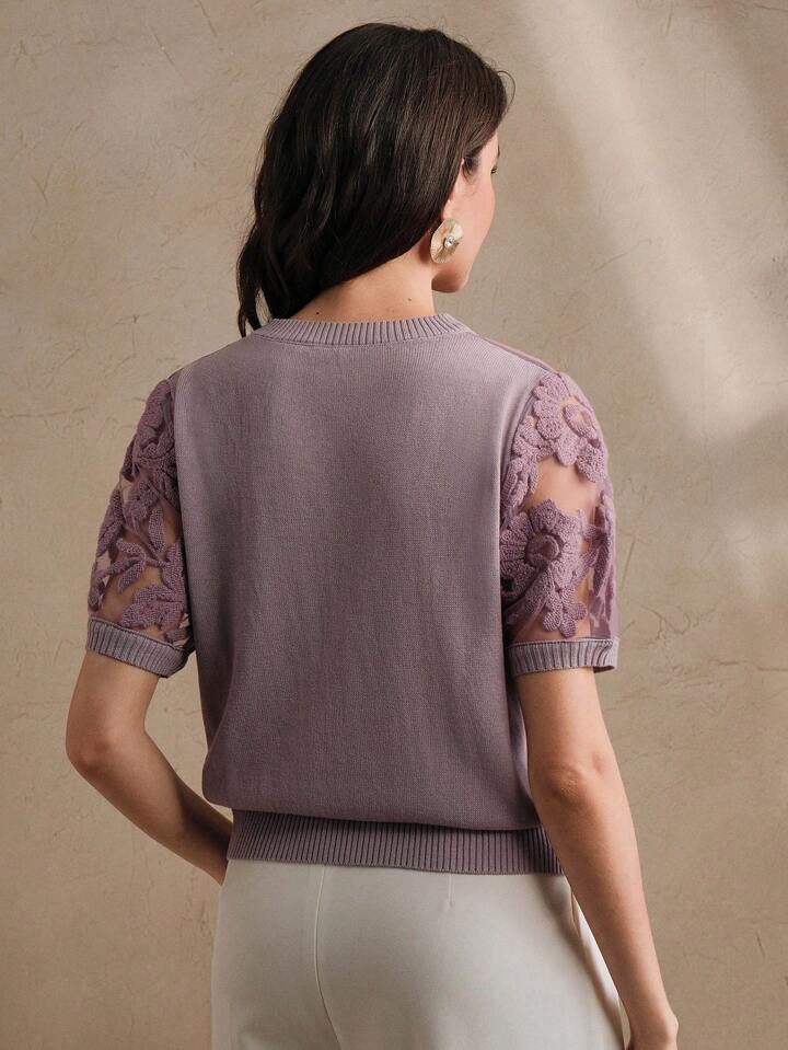 CM-TS870699 Women Casual Seoul Style Floral Mesh Round Neck Short Sleeve Knit Top - Purple