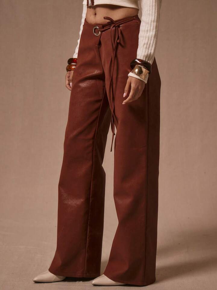 CM-BS090661 Women Casual Seoul Style Wrap Knot Waist Straight Leg Trousers - Red