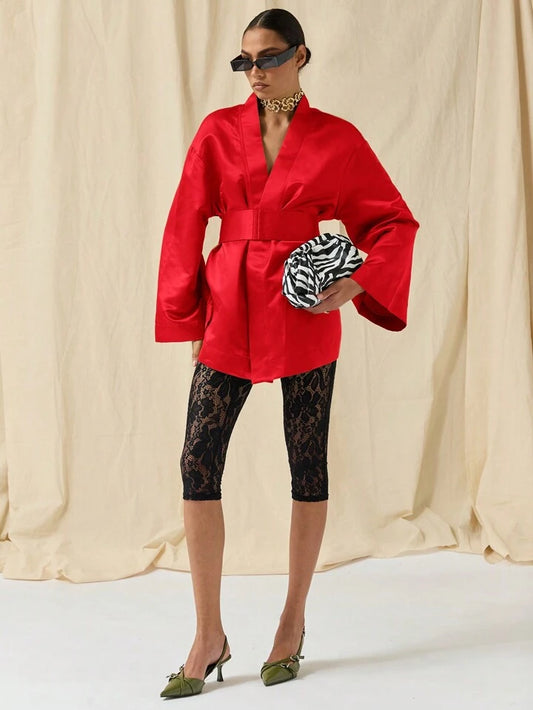 CM-DS752680 Women Elegant Seoul Style Solid Color Deep V-Neck Bell Sleeve Mini Dress - Red
