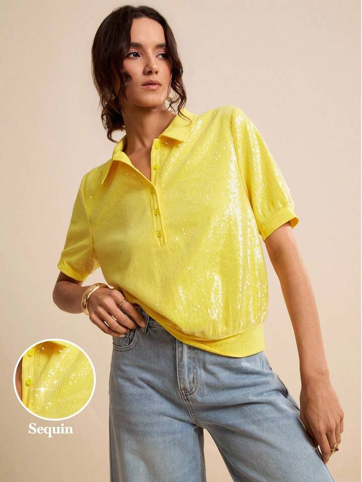 CM-TS980216 Women Elegant Seoul Style Semi-Sheer Sequin Collar Loose Short Sleeve Knit Top - Yellow