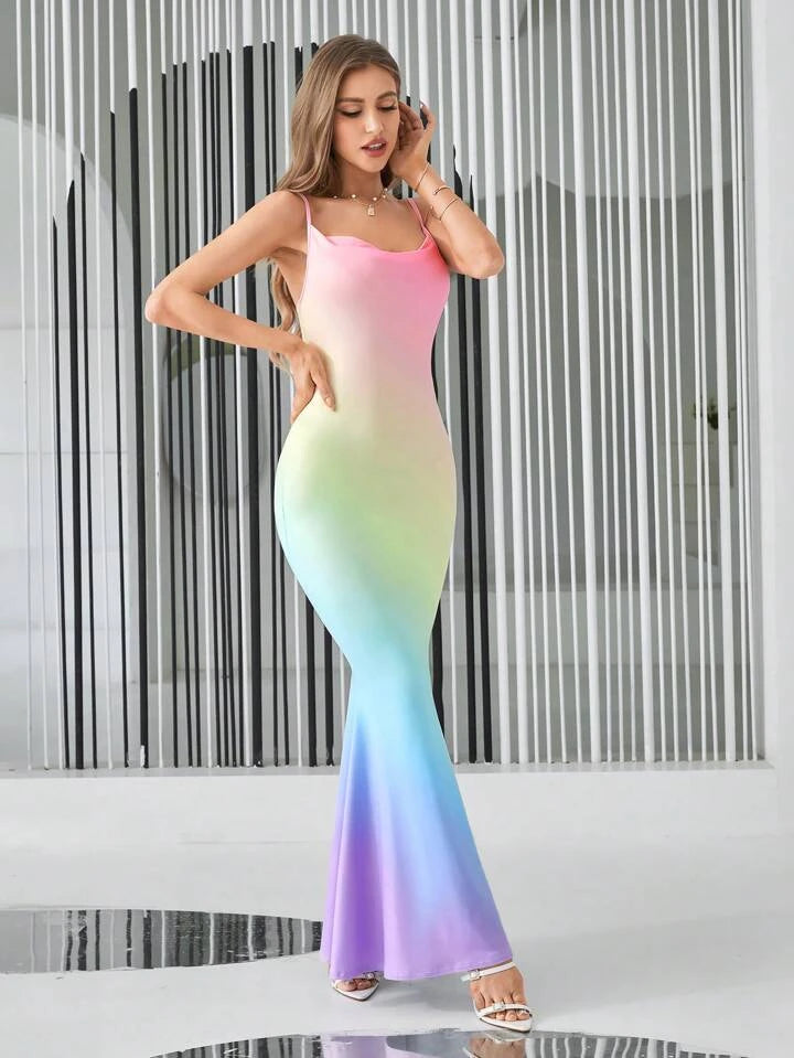 CM-DS831040 Women Trendy Bohemian Style Ombre Draped Collar Mermaid Hem Cami Dress
