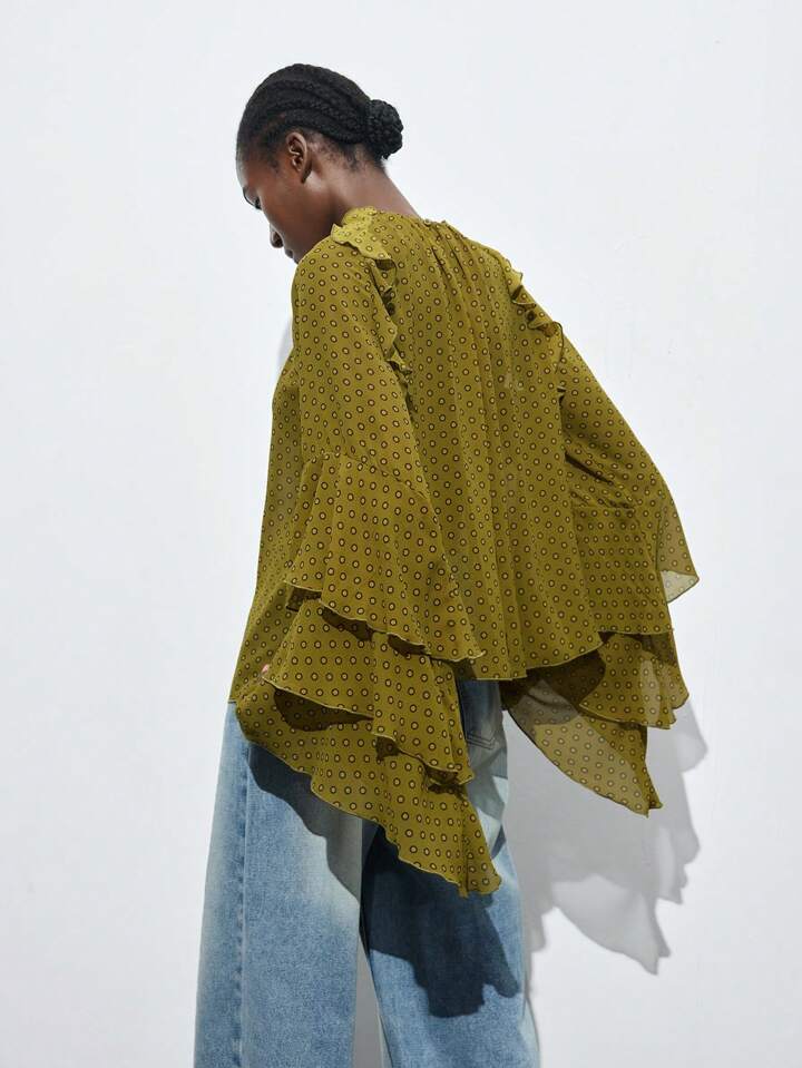 CM-TS667004 Women Elegant Seoul Style Round Neck Polka Dot Ruffle Hem Bell Sleeve Blouse - Green