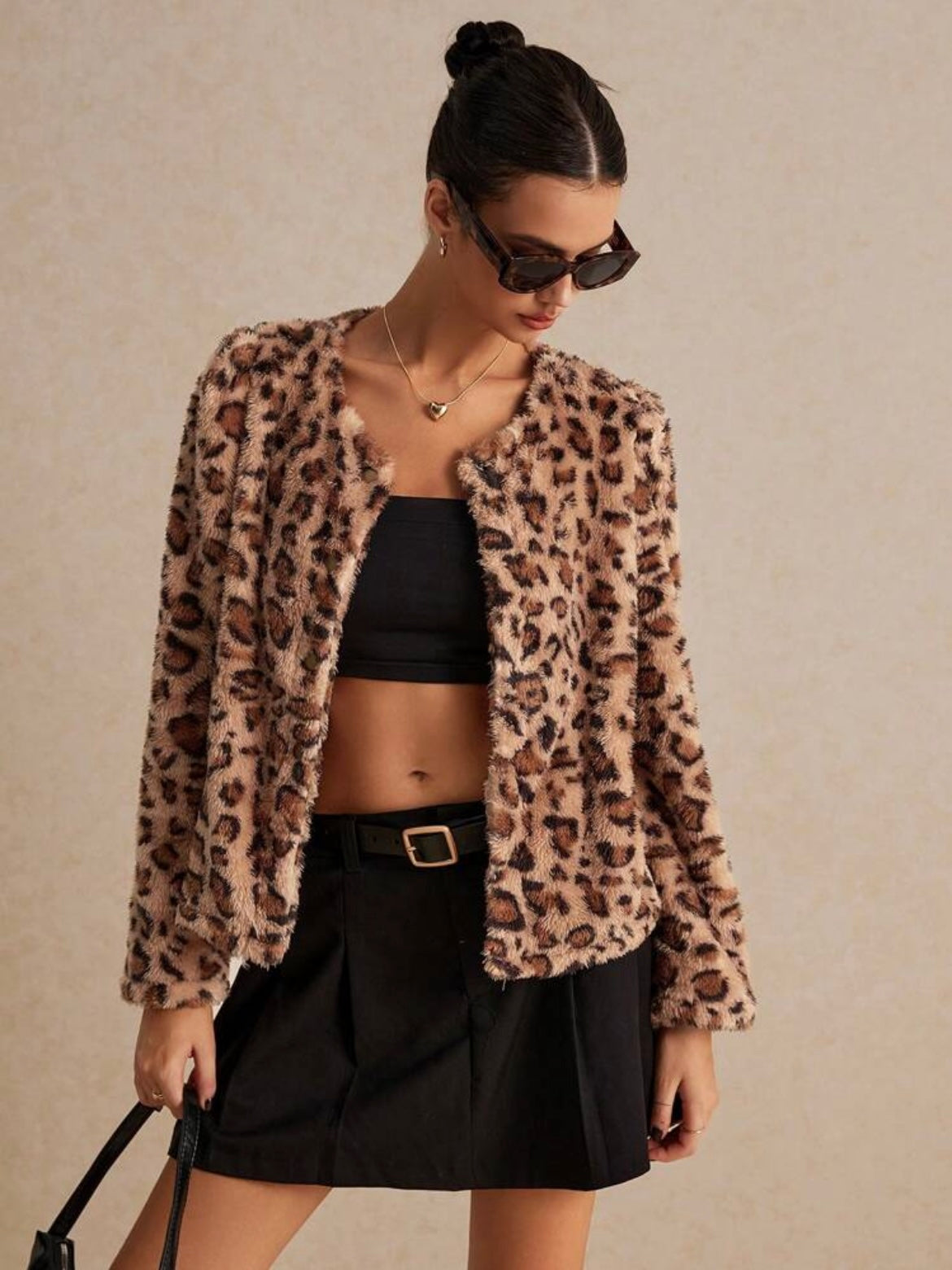 CM-CS449040 Women Casual Seoul Style Round Neck Long Sleeve Leopard Print Jacket - Brown
