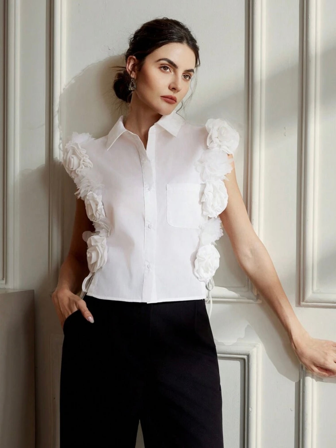 CM-TS726127 Women Elegant Seoul Style 3D Floral Hollow-Out Tie Up Sleeveless Shirt - White