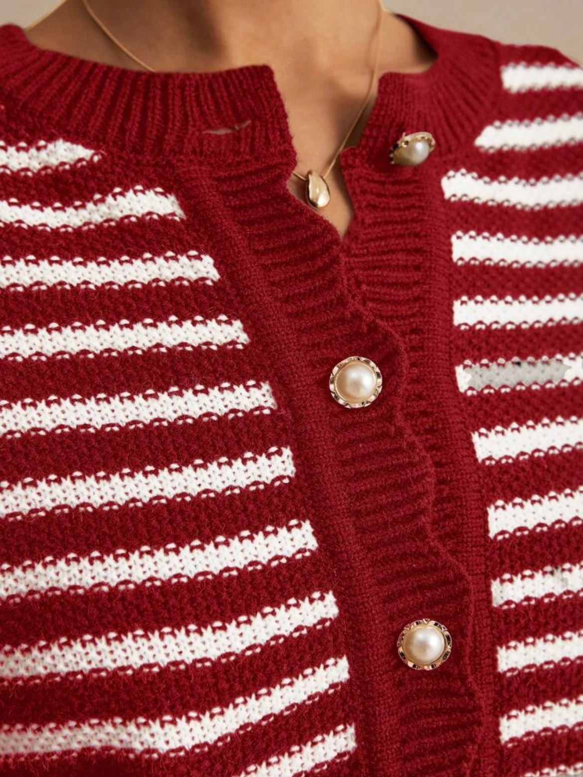 CM-CS697905 Women Casual Seoul Style Striped Print Button Front Long Sleeve Cardigan - Red