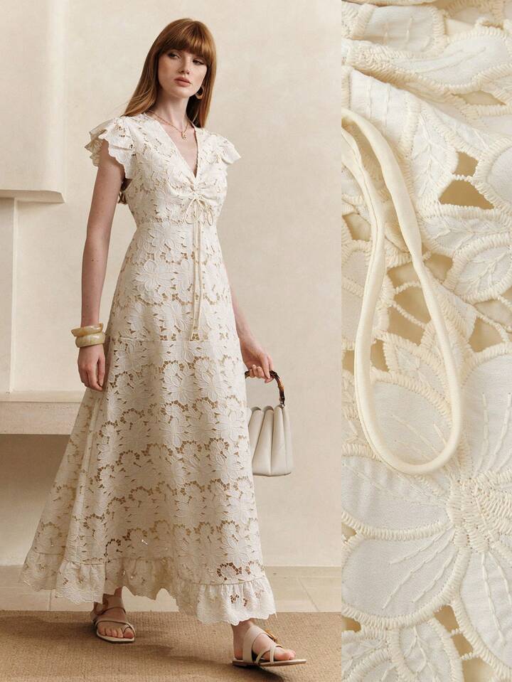 CM-DS803311 Women Elegant Seoul Style Lace Embroidered Hollow-Out V-Neck Ruched Waist Maxi Dress - Apricot