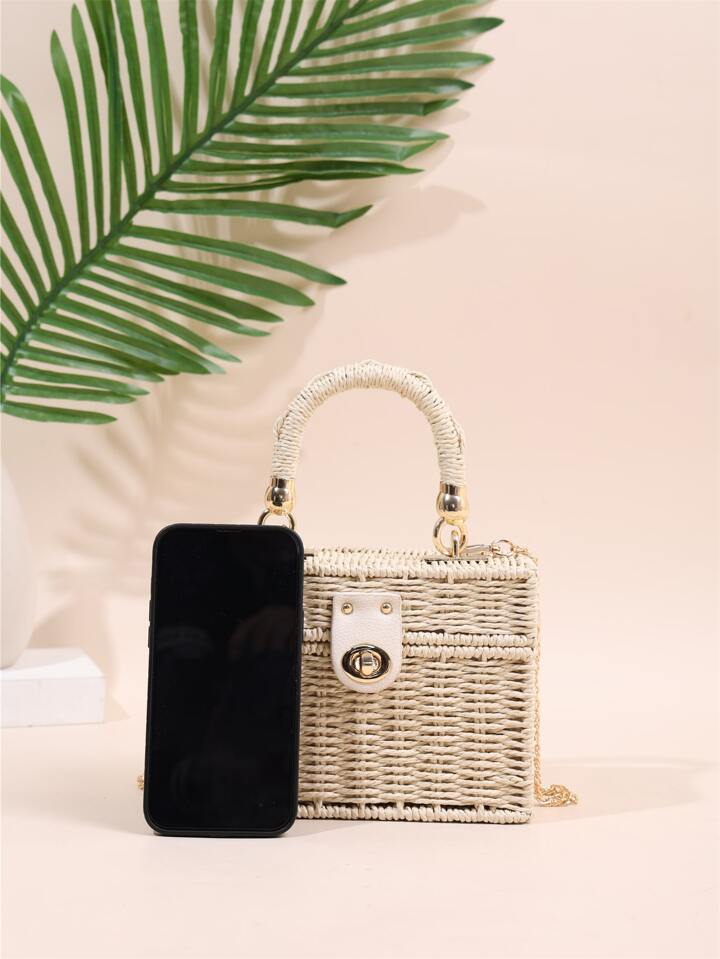 CM-BGS698559 Women Trendy Seoul Style Minimalist Twist Lock Flap Straw Bag - Beige