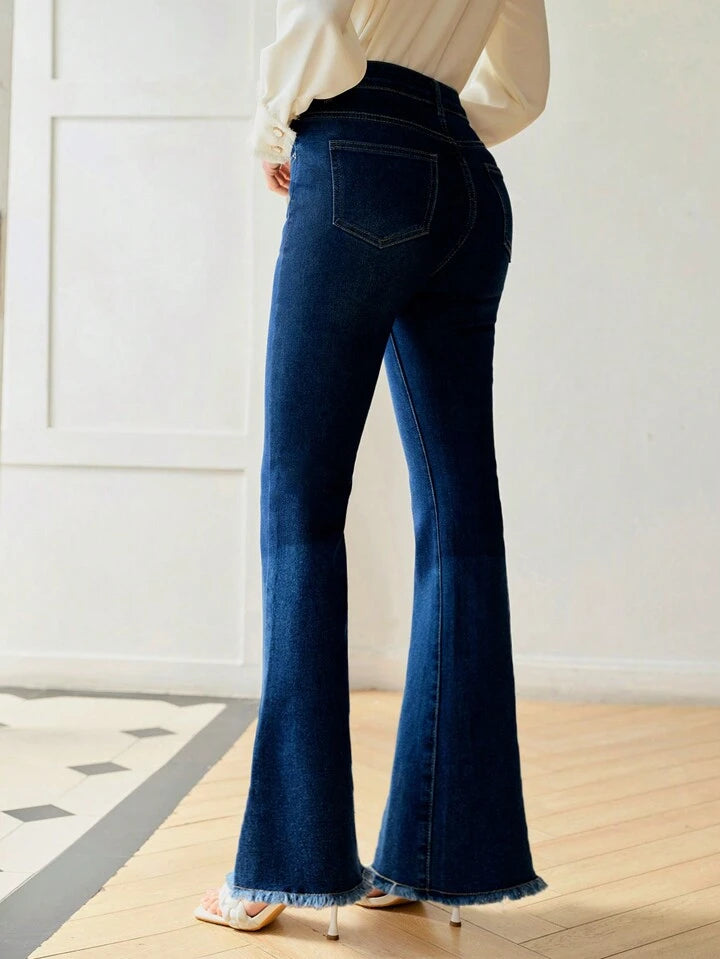 CM-BS661571 Women Elegant Seoul Style Raw Hem Extra Long Flare Leg Jeans - Blue