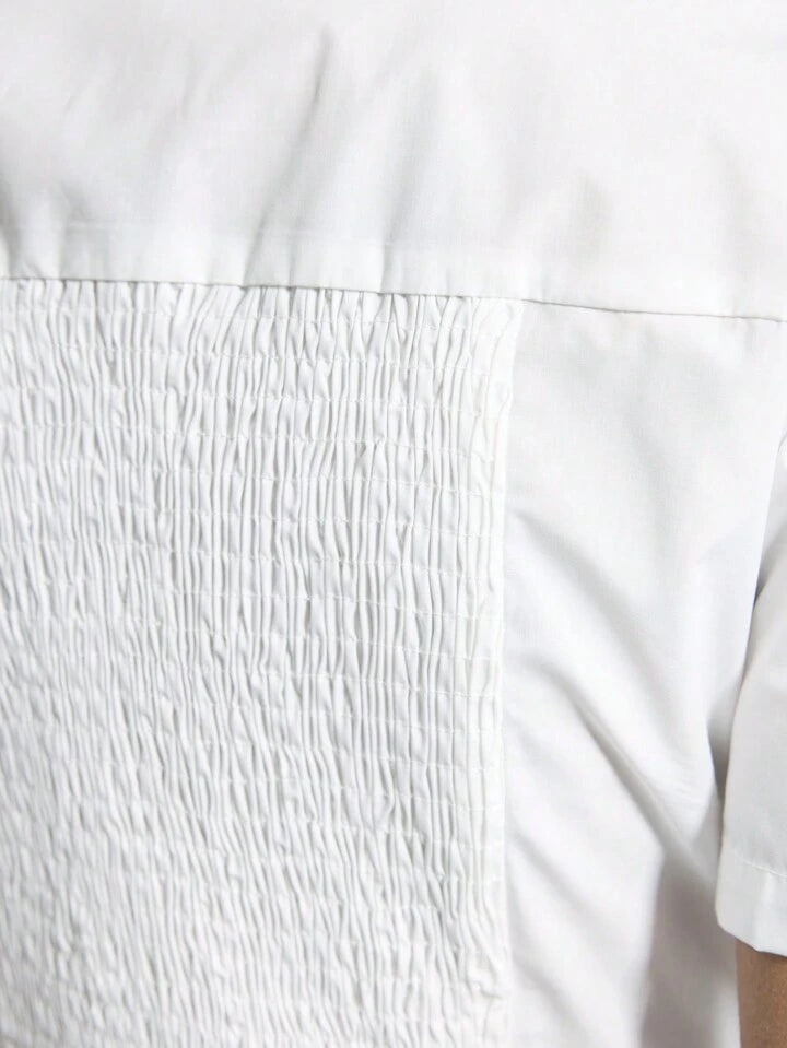 CM-TS191209 Women Casual Seoul Style Collar Neckline Pleated Short Sleeve Shirt - White