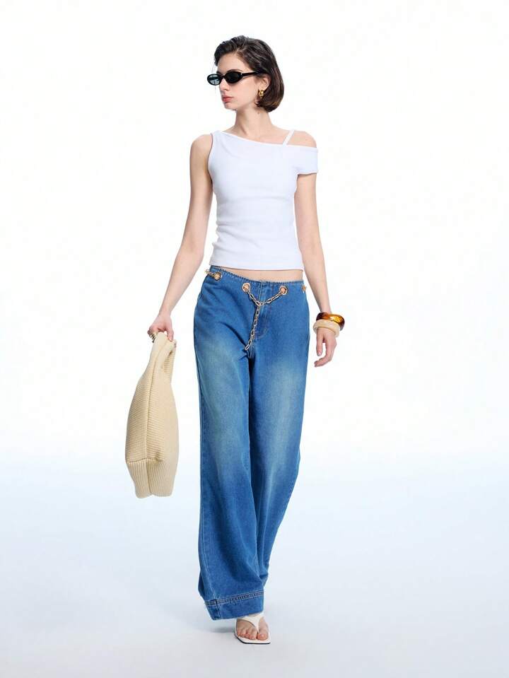 CM-BS250871 Women Casual Seoul Style Low Waist Metal Chain Decor Straight Leg Loose Jeans - Blue