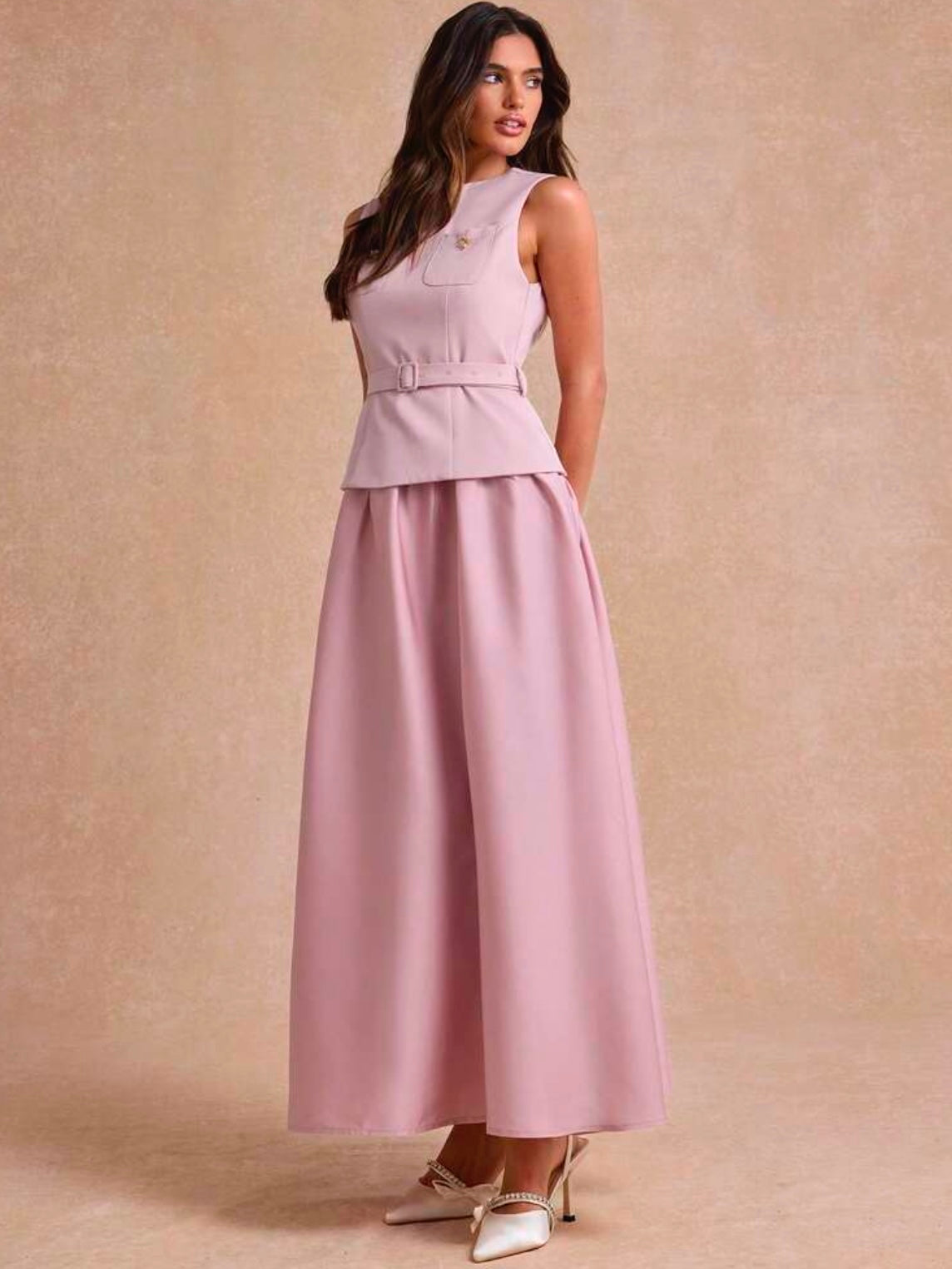CM-DS787258 Women Elegant Seoul Style Round Neck Sleeveless Appliques A-Line Long Dress - Pink