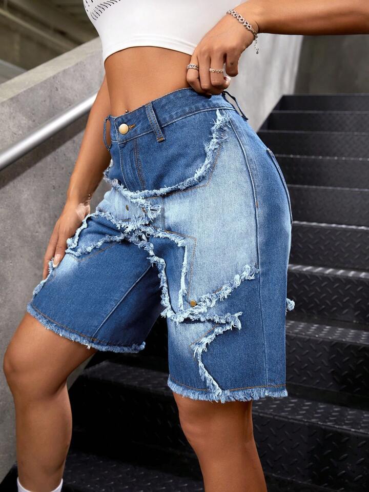 CM-BS458556 Women Casual Seoul Style Medium Wash Patchwork Frayed Hem Bermuda Denim Shorts